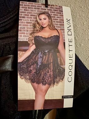 Coquette Diva Black Lace Chemise Babydoll Negligee 1X-2X w/ Thong